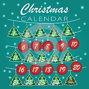 Merry Christmas. Advent calendar Holiday template with Christmas balls and trees with numbers for Christmas calendar