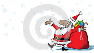 Merry Christmas African-American Santa Claus with toys on white background with snowflakes