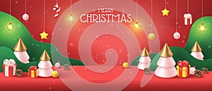 Merry Christmas background. 3d banner with xmas tree and giftbox, frame for sale or paper poster, gift decoration. Happy