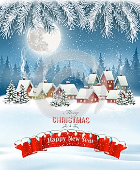 Merry Christmas Background with branches of tree and winter village.