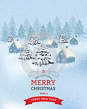 Merry Christmas Background with branches of tree and winter village