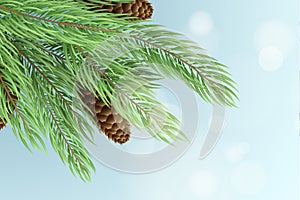 Merry Christmas background. Christmas tree with cones. Glares bokeh. Vector illustration. Winter background for your projects
