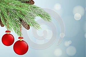 Merry Christmas background. Christmas tree with toy balls and cones. Glares bokeh. Vector illustration