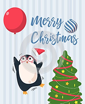 Merry christmas background. Cute penguin cartoon fly away with red balloon. vector illustration tree christmas greeting card. blu