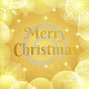 Merry Christmas background. Elegant gold xmas greeting card. Happy winter holidays vector design with bokeh, transparent snowflake