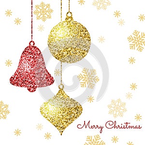 Merry Christmas background with gold and red hanging baubles and