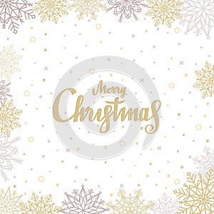 Merry Christmas background with hand drawn lettering. Greeting card template, banner with golden and silver snowflakes