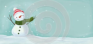 Merry christmas background with happy snowman in winter scenery with copy space