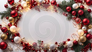 Merry Christmas background. New Year\'s decorations on white table - colorful balls around. Top view with copy space frame