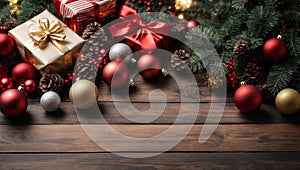 Merry Christmas background. New Year\'s decorations on wooden table - colorful balls and gifts. Top view with copy space
