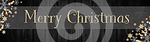 Merry Christmas background panorama template - Gray banner, bokeh lights, stars and ice crystals, isolated on dark black rustic