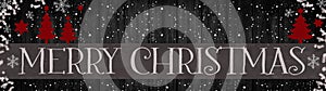 Merry Christmas background panorama template - Gray grey empty banner, isolated on black wooden boards wall texture, snowflakes,