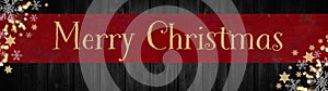 Merry Christmas background panorama template - Red banner, bokeh lights, stars and ice crystals, isolated on dark black rustic