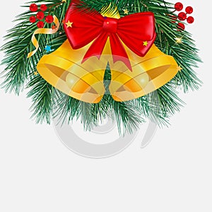 Merry Christmas background, postcard with. Christmas trees, balls, bells. Vector