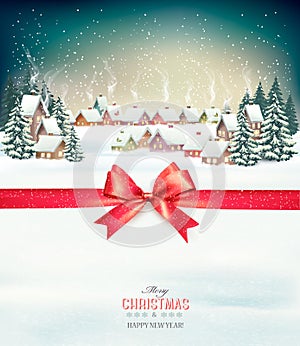Merry Christmas Background with red gift bow and winter