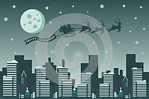 Merry Christmas background with Santa Claus flying on the sky in sleigh with reindeer at night with full moon, snow, and City.