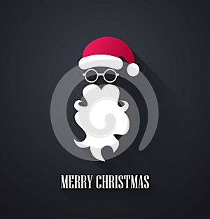 Merry Christmas background. Santa Claus moustache, beard and glasses on black background. Vector illustration