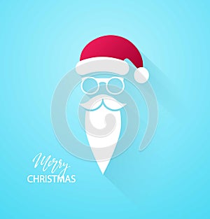 Merry Christmas background. Santa Claus moustache, beard and glasses on blue background. Vector illustration