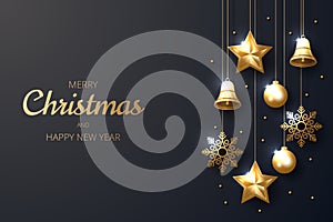 Merry Christmas background with shining gold ornaments.