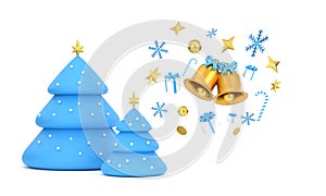 Merry Christmas background with shining gold ornaments. Christmas tree,  snowflakes, gift, candy