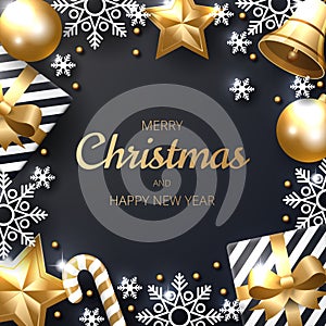 Merry Christmas background with shining gold and white ornaments.