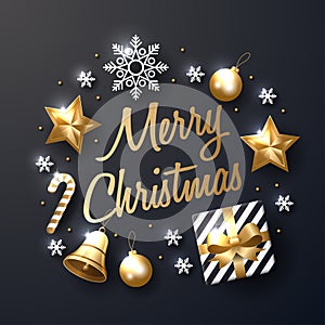 Merry Christmas background with shining gold and white ornaments.