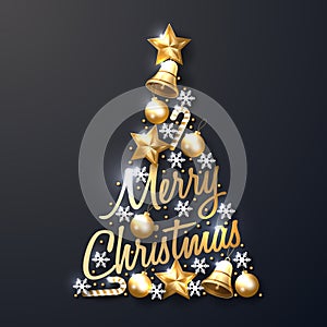 Merry Christmas background with shining gold and white ornaments.