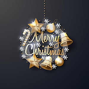 Merry Christmas background with shining gold and white ornaments.