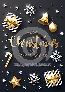 Merry Christmas background with shining gold and white ornaments.