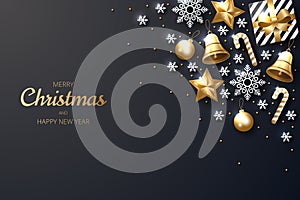 Merry Christmas background with shining gold and white ornaments.