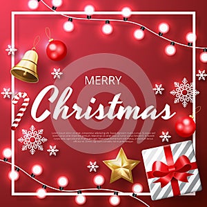 Merry Christmas background with shining gold and white ornaments. Red Background.