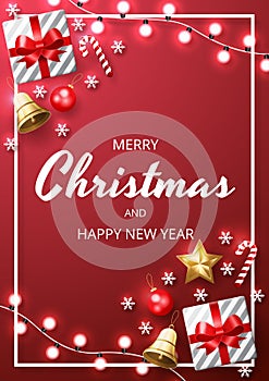 Merry Christmas background with shining gold and white ornaments. Red Background.