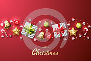 Merry Christmas background with shining gold and white ornaments. Red Background.