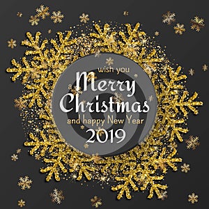 Merry Christmas background with shiny golden snowflakes and gold colored tinsel and streamer. Greeting card and Xmas