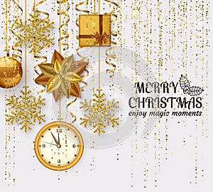 Merry Christmas background with shiny snowflakes, golden balls, clock, gift boxes and gold colored tinsel and streamer