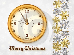Merry Christmas background with shiny snowflakes, golden balls, clock and gold colored tinsel and streamer. Greeting