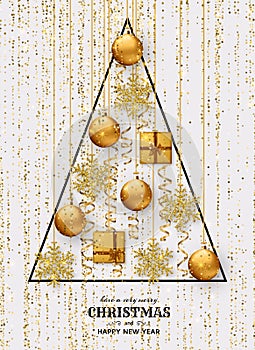 Merry Christmas background with shiny snowflakes, golden balls, gift boxes and gold colored tinsel and streamer