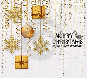 Merry Christmas background with shiny snowflakes, golden balls, gift boxes and gold colored tinsel and streamer