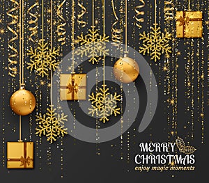 Merry Christmas background with shiny snowflakes, golden balls, gift boxes and gold colored tinsel and streamer