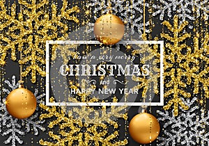 Merry Christmas background with shiny snowflakes, golden balls and gold colored tinsel and streamer. Greeting card and