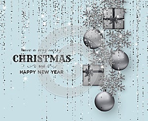 Merry Christmas background with shiny snowflakes, silver balls, gift boxes and grey colored tinsel and streamer