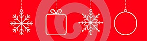 Merry Christmas ball, gift box, snowflake icon set line. Giftbox, snow flake. Stylized round bauble toy. Hanging dash line. Happy