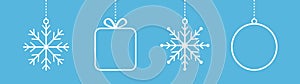 Merry Christmas ball, gift box, snowflake icon set line. Hanging dash line. Giftbox, snow flake. Stylized round bauble toy. Happy