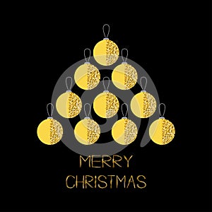 Merry Christmas ball. Gold sparkles glitter texture spruce fir tree. Flat design. Black background. Greeting card.