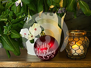 Merry christmas ball with plant and illuminated lantern