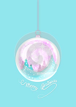 Merry Christmas ball shape. Winter seasonal holiday Christmas background, watercolor style. Christmas greeting card, snow globe