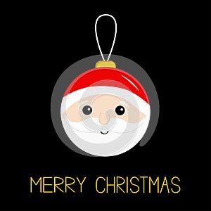 Merry Christmas ball toy hanging. Santa Claus head face, beard, moustaches, white eyebrows, red hat. Tree decoration. Cute cartoon