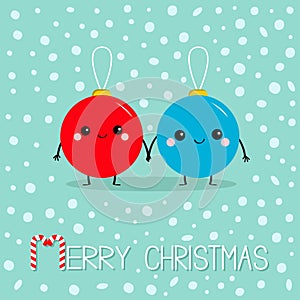 Merry Christmas ball toy icon set. Love couple holding hands. Candy Cane. Funny smiling face head. Cute cartoon character. Red and