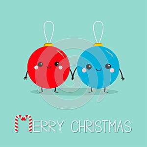 Merry Christmas ball toy icon set. Love couple holding hands. Candy Cane. Funny smiling face head. Cute cartoon character. Red and