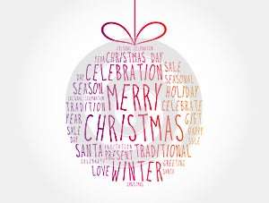 Merry Christmas ball word cloud, holidays lettering collage background